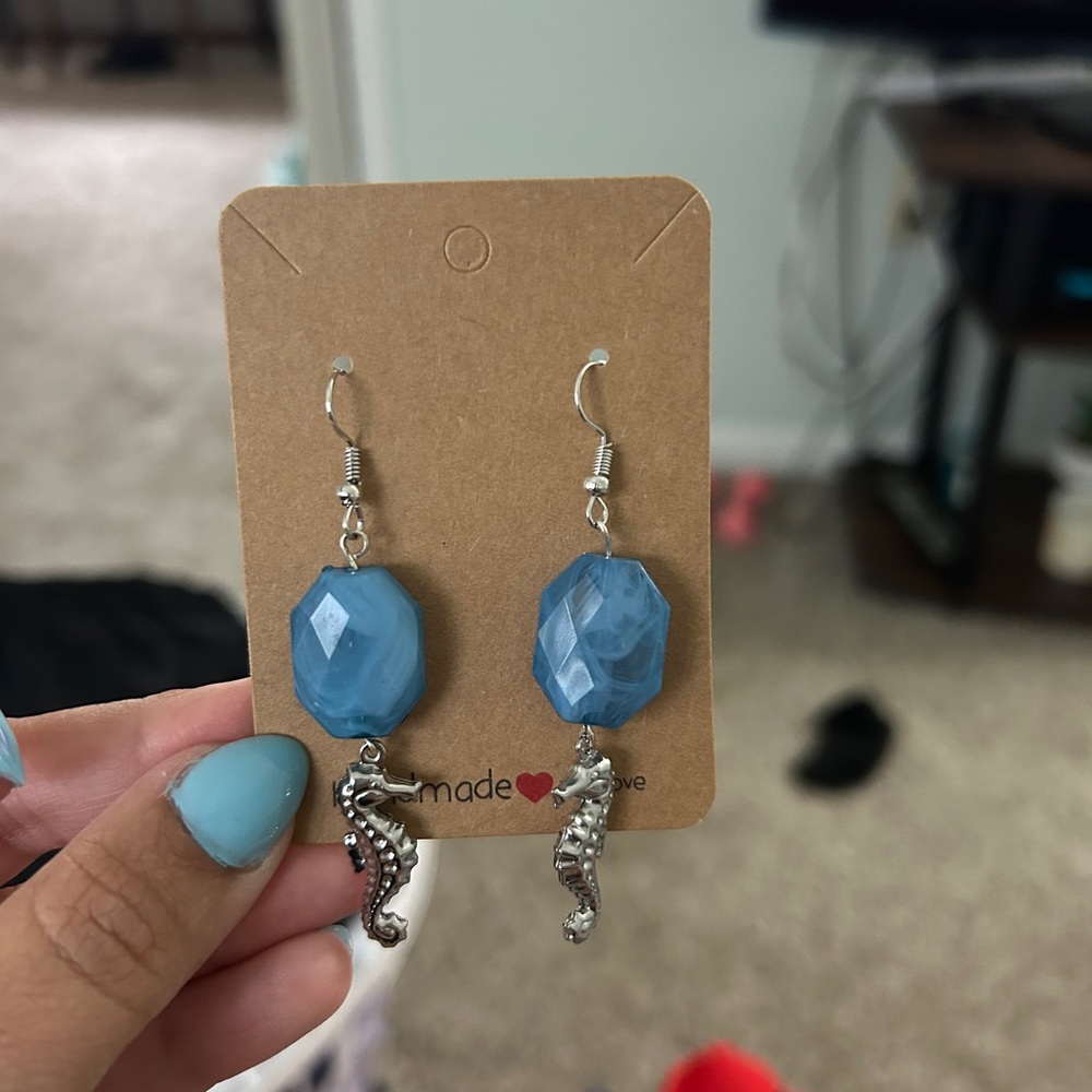 Handmade Blue Seaglass Drop Earrings with Seahorse Charm